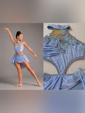 Competition lyrical Custom solo Dance Costume blue illusion Mesh Dress SA adult